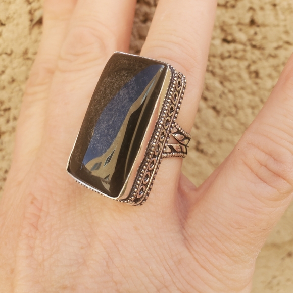 New Silver Sheen Obsidian 925 Silver Statement Ring. - Picture 9 of 15